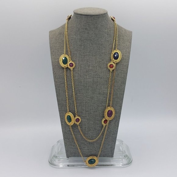 NY New York Necklace  Gold Toned Chain Filigree Framed Faceted Resin Double Stra - Picture 2 of 7